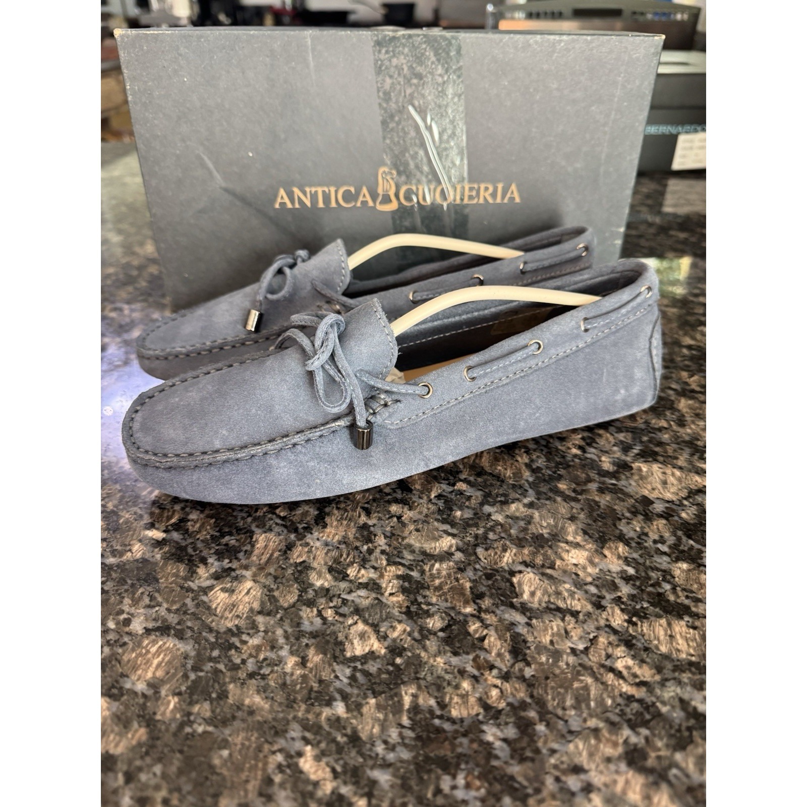 Antica Cuoieria Bow Driver Loafer In Blue Grey Size 39 Us 8.5 Ballet Flat Shoe